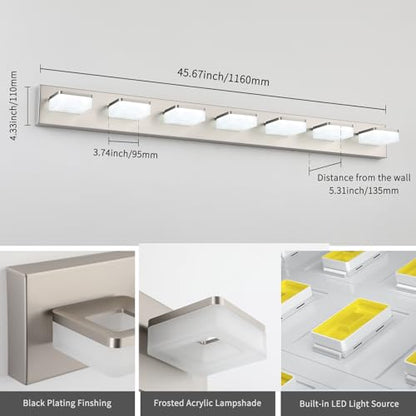 7-Light Bathroom Vanity Light Fixture Over Mirror, Nickel LED Vanity Lighting Fixtures, 45.67 inch Modern Bathroom Wall Light Fixtures with Rotating Lamp Head - size: 7-Light,46Inch