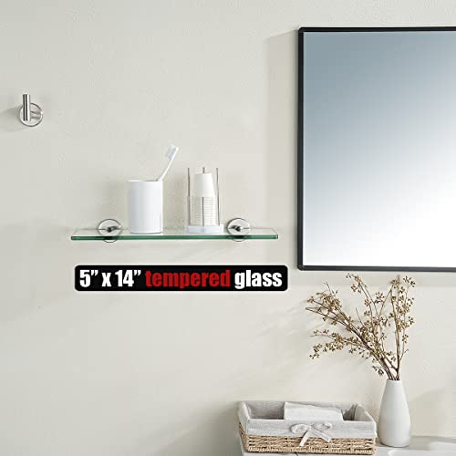 JQK Bathroom Glass Shelf, Tempered Glass Shower Storage 14 by 5 inches, 304 Stainless Steel Brushed Finish Wall Mount, TGS101L14-BN - color: Brushed, size: 14 Inch (1 Pack)