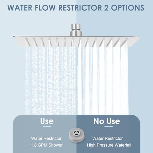 12x8 Inch Rectangle Rain Shower Head Brusehd Nickel, All Metal Stainless Steel 304, Full Body Rainfall Shower with 112 Silicone Nozzles, Ceiling Rain Showerheads - color: Brushed Nickel, size: 12 x 8 Inch Rectangle