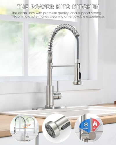 Kitchen Faucet with Pull Down Sprayer Brushed Nickel | 1 Handle Spring Sink Faucets,Lead-Free NSF Certified Stainless Steel, 1 or 3-Hole Deck Plate,Farmhouse, RV, Bar, Laundry Room - color: A - Brushed Nickel