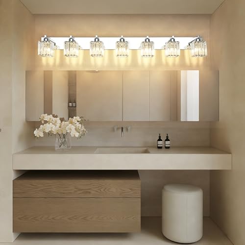 Aipsun Bathroom Vanity Light Fixtures Chrome Vanity Light for Bathroom Crystal Vanity Lighting Fixtures 7 Light (Exclude Bulb) - color: Chrome, size: 58 inch