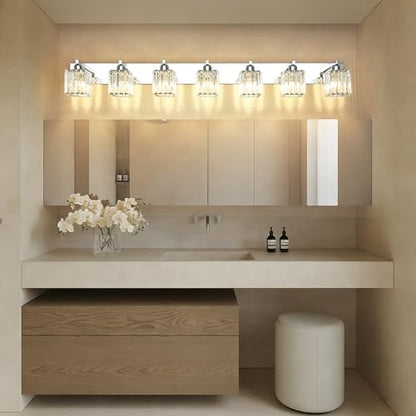 Aipsun Bathroom Vanity Light Fixtures Chrome Vanity Light for Bathroom Crystal Vanity Lighting Fixtures 7 Light (Exclude Bulb) - color: Chrome, size: 58 inch