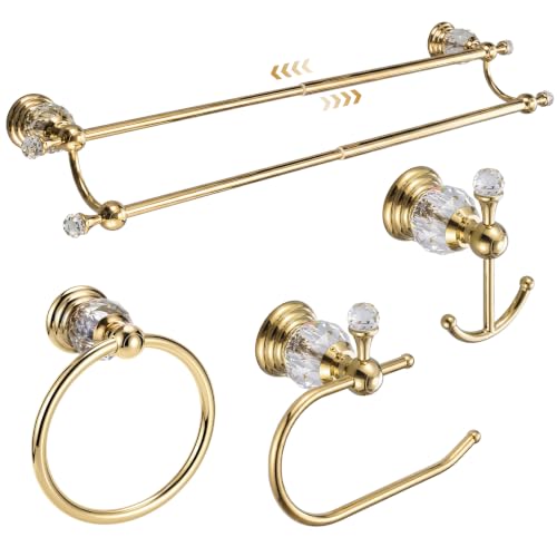4 Pcs Polished Gold Crystal Bathroom Accessories Set with Adjustable Double Towel Bar & Towel Ring & Toilet Paper Holder & Robe Hook, Wall Mounted Bath Hardware Fixture Set (Style 10) - color: Style 10