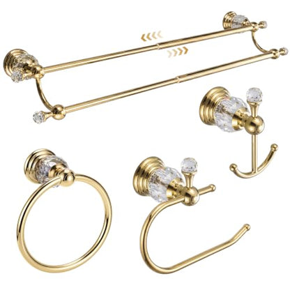 4 Pcs Polished Gold Crystal Bathroom Accessories Set with Adjustable Double Towel Bar & Towel Ring & Toilet Paper Holder & Robe Hook, Wall Mounted Bath Hardware Fixture Set (Style 10) - color: Style 10
