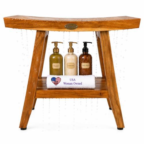 EcoDecors 21-Inch Teak Shower Bench with Shelf, Waterproof, Non-Slip | Solid teak shower bench crafted from plantation teak with natural water resistance for durable bathroom and spa use