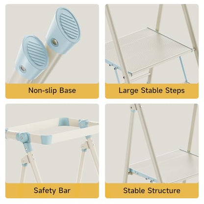 Foldable Toddler Tower, 2-Step Kids Step Stool with Safety Rail, Compact Folding Toddler Standing Stool for Kitchen, Bathroom and Home, Step Ladder for Toddlers and Adults - color: Sea Salt Blue