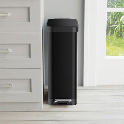 Glad Slim Trash Can with Clorox Odor Protection - Narrow Kitchen Garbage Bin with Soft Close Lid, Step On Foot Pedal and Waste Bag Roll Holder, Black, 12 Gallon/45 Liter - color: Black