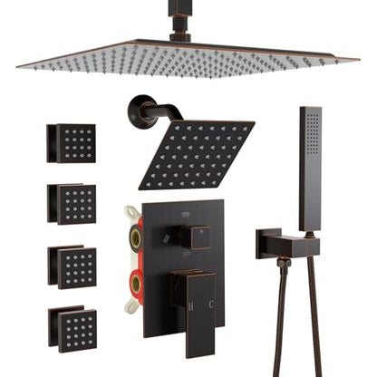 Enga Dual Shower Head Shower System with Body Jets, 12" Ceiling Mounted Rain Shower Head & 6" Wall Mounted Head Full Body Rainfall Shower Faucet with Valve Kit, Oil Rubbed Bronze - color: Oil Rubbed Bronze, style: Ceiling-12"+6"+Jets