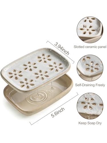 Miamolo Soap Dish for Shower with Drainage, Double Layer Bar Soap Holder, Ceramic Soap Saver Sponge Holder for Bathroom, Tub and Kitchen Sink, Slotted Draining Soap Dishes Extend Soap Life, Beige - color: Beige
