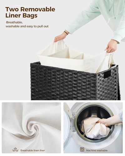Greenstell Laundry Hamper with Wheels&Lid, 130L Large 3 Sections Clothes Hamper with 2 Types Removable Liner Bags, 5 Mesh Laundry Bags, Handwoven Divided Laundry Basket Black