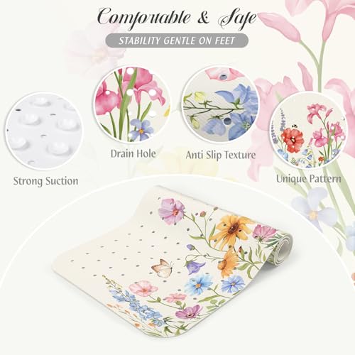 SHUCHING Bath Mat for Tub Non Slip-40x16 Inch, Wildflower | Bathtub Mat for Women Mold Free, Long Shower Mat for Inside Shower with Suction Cup, Machine Washable - color: Wildflower