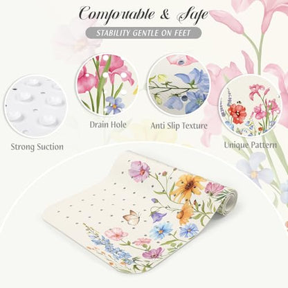 SHUCHING Bath Mat for Tub Non Slip-40x16 Inch, Wildflower | Bathtub Mat for Women Mold Free, Long Shower Mat for Inside Shower with Suction Cup, Machine Washable - color: Wildflower
