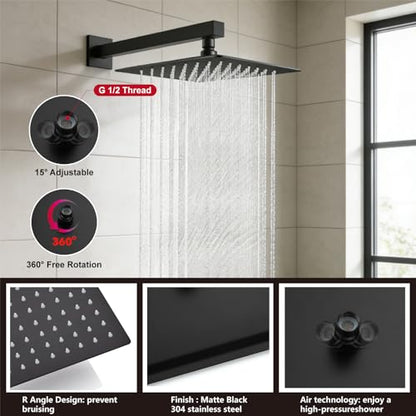 Midanya Shower System with Tub Spout,Bathtub Shower Faucet Set with Square Rainfall Head and Handheld Sprayer Wall Mount Tub Faucet Set with Valve and Trim Kit,12 Inch Matte Black - color: Matte Black, size: 12 Inch