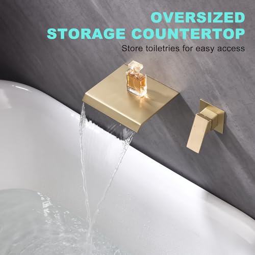 Waterfall Wall Mount Tub Faucet Bathroom Bathtub Faucet Sink Faucet Single Handle Tub Filler Rough-in Valve Included Brushed Gold Modern Basin Mixer Tap