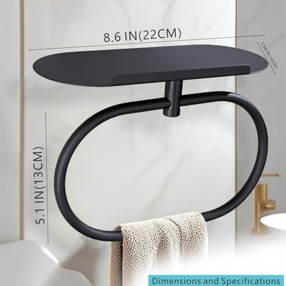Towel Ring with Shelf, Heavy Duty Stainless Steel Bathroom Hardware, Adhesive No-Drill or Drill Mount Wall Mounted Towel Holder for Bathroom and Kitchen (Black) - color: Black