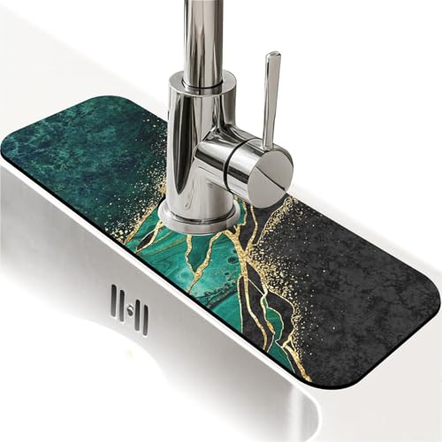 Kitchen Sink Splash Guard，Black and green gold marble Faucet Mat Sink Gadgets-Super Absorbent Fast Drying Mat Drip Catcher for Kitchen, Bathroom,Sink Mat, Dish Drying Mat, Bathroom(15" X 5.5" ) - color: Black and green gold marble
