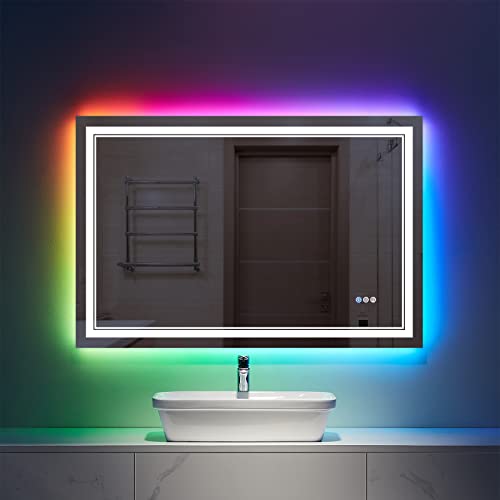 40x24 Inch RGB LED Bathroom Mirror with Lights | Front and RGB Backlit, Dimmable, Memory, Anti Fog, Shatterproof, Horizontal/Vertical, Lighted Mirrors for Bathroom Wall - color: Rgb Backlit, size: 40"L x 24"W