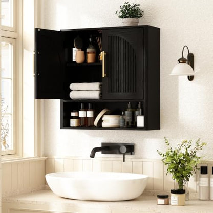 RUSTOWN Fluted Bathroom Wall Cabinet with Arched Doors & Rounded Edges | Over The Toilet Storage Cabinet with Adjustable Shelf, Mid Century Modern Medicine Cabinets, Laundry & Kitchen Shelving Unit - color: Rustic Black