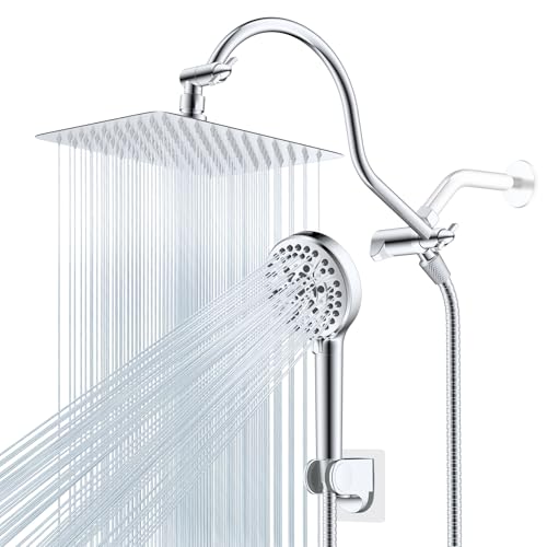 Hibbent All Metal CUPC Certified Shower Head, 10'' High Pressure Rainfall Shower Head, Handheld Showerhead Combo, 12'' Adjustable Extension Arm, 10 Sprays, 71'' Shower Hose, Showerhead Holder, Chrome - color: Chrome, style: Square 10''