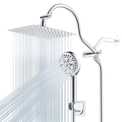 Hibbent All Metal CUPC Certified Shower Head, 10'' High Pressure Rainfall Shower Head, Handheld Showerhead Combo, 12'' Adjustable Extension Arm, 10 Sprays, 71'' Shower Hose, Showerhead Holder, Chrome - color: Chrome, style: Square 10''