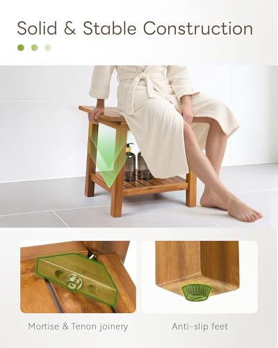 Upolana Outdoor Shower Bench, 20" Solid Acacia Wood Shower Stool Waterproof Shower Seat with Storage Shelf for Bathroom - SB001V