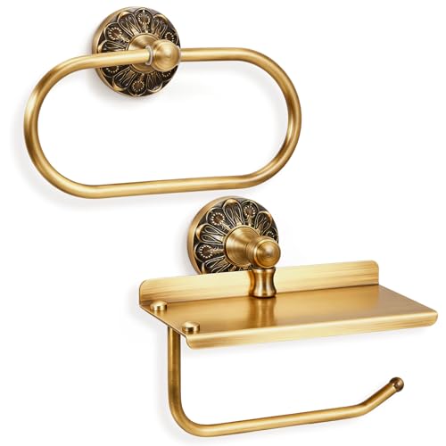 2 Pieces Set Antique Brass Toilet Paper Holder Retro Brass Hand Towel Ring Tissue Roll Paper Hanger Bathroom Hardware Wall Mounted Vintage Bathroom Accessories(Style 1) - style: Style 1