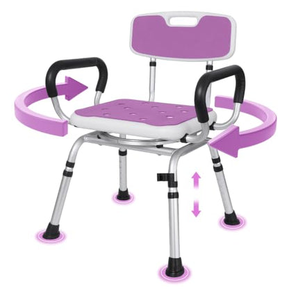 Swivel Shower Chair with Removable Arms and Back, 400 lbs | Adjustable Height Shower Seats for Inside Shower or Tub, Non-Slip Shower Stool, Safety Bath Seat for Elderly and Disabled - color: Purple