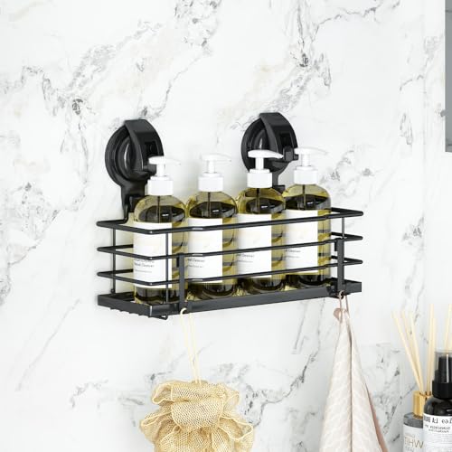 TESOT Suction Cup Shower Caddy, Shower Shelf Soap Dish with Hooks for Razor, Sponge, Rust Proof 304 Stainless Steel, Black - color: Black