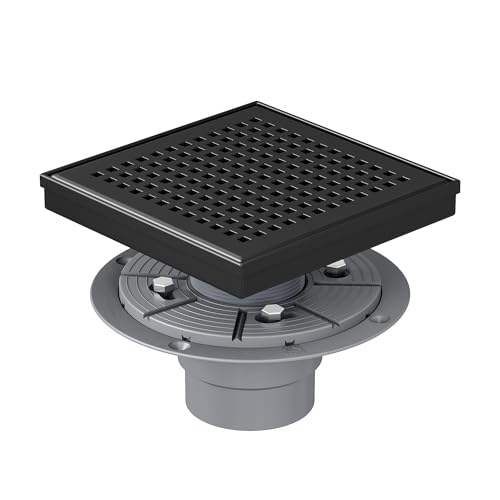 Neodrain 6" Matte Black Square Shower Drain with Quadrato Pattern Grate | 304 Stainless Steel, Floor Drain with PVC Shower Drain Base and Rubber Gasket for Bathroom,Includes Hair Strainer - color: Matte Black, size: 6 In