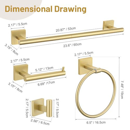 Lairuier 10-Piece Brushed Gold Bathroom Accessories, Towel Bar Set | Bathroom Hardware Set Includes SUS304 23.6" Towel Bar, Towel Ring, Toilet Paper Holder and Towel Hooks Wall Mounted - color: Brushed Gold, size: 10 Pieces - Extended