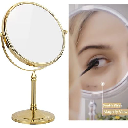 Gold Makeup Mirror 1X/10X Free Standing for Bathroom 8 Inches 360 Swivel Dual-Sided Tabletop Makeup Mirror, Metal - color: Gold Without Light