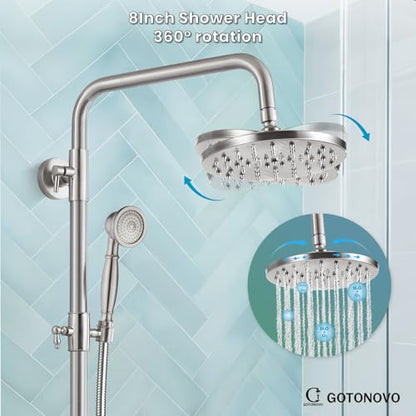 gotonovo Exposed Shower Tub Faucet Set 3 Function Wall Mount,Brushed Nickel | Shower System Fixtures with Tub Spout,8” Rain Head and Handheld,360°Rotation,Adjustable Height,for 5-6.7" Hole,Outdoor/Indoor - color: Nickel
