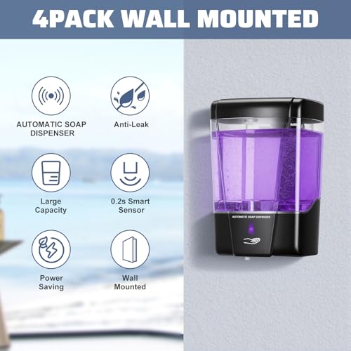 4 Pack Automatic Soap Dispenser Wall Mount,Touchless Liquid Soap Dispenser,Battery Operated,600 ml / 20 oz Commercial Hand Detergent Dispenser for Office Home Kitchen School Bathroom Hotel Restaurant - color: Black