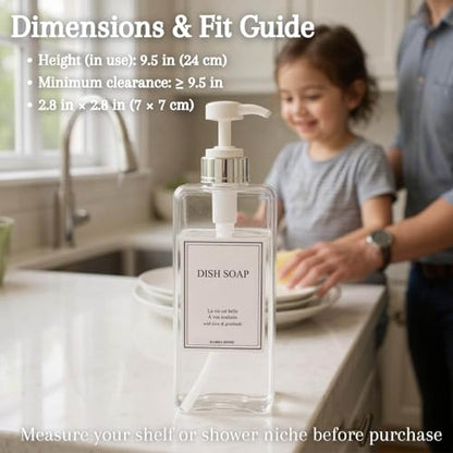 Modern Design Shampoo and Conditioner Dispenser, Large 27oz Shower Soap Dispenser, Set of 3 Refillable Empty Plastic Pump Bottles for Bathroom, 6 Waterproof Labels Included, (Clear & Silver) - color: Clear & Silver