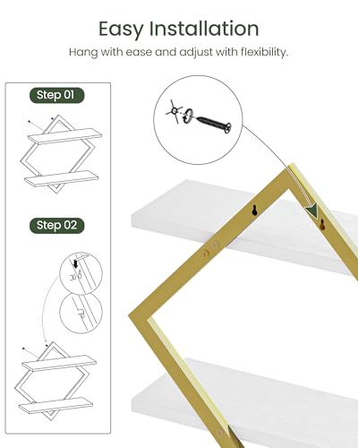 CHOEZON Floating Shelves for Wall, Set of 2 Wall Mounted Shelves, 2-Tier Hanging Shelves, for Living Room, Bedroom, Kitchen, Office, Study, Gold and White TBJ01P2JW - color: White + Gold