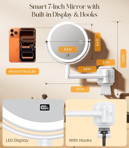 Gospire No-Drill Wall Mounted Lighted Makeup Mirror with Magnification 10X | LED Display & Hooks, 7 Inch Rechargeable Magnifying Vanity Mirror with Lights, 3 Color Dimmable Lights, LED Bathroom Mirrors