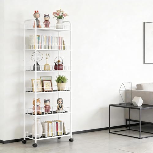 10in Slim Storage Cart, Metal 6-Tier Narrow Rolling Shelf, Sturdy Slim Storage with Hooks Ideal for Kitchen, Bathroom, and Laundry Room (10in White) - size: 10in White