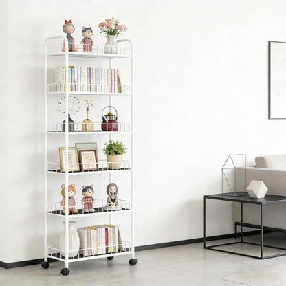10in Slim Storage Cart, Metal 6-Tier Narrow Rolling Shelf, Sturdy Slim Storage with Hooks Ideal for Kitchen, Bathroom, and Laundry Room (10in White) - size: 10in White