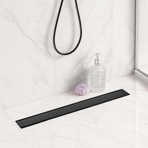 Linear Shower Drain 24 inch Matte Black with 2-in-1 Flat & Tile Insert Cover - 304 Stainless Steel Shower Floor Drain - Linear Drain with Reversible Cover & Hair Catcher - Includes Cleaning Tools - color: Matte Black