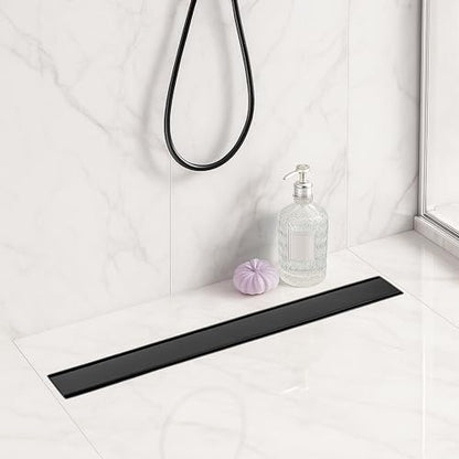 Linear Shower Drain 24 inch Matte Black with 2-in-1 Flat & Tile Insert Cover - 304 Stainless Steel Shower Floor Drain - Linear Drain with Reversible Cover & Hair Catcher - Includes Cleaning Tools - color: Matte Black