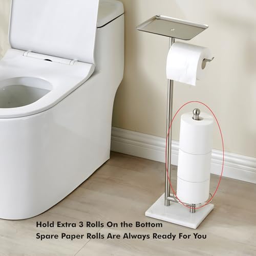 Toilet Paper Holder with Tray at The Top, Sturdy Marble Base No Wobby, Holding Extra 3 Toilet Paper Rolls As Spare Use, Freestanding No Drilling (Brushed Nickel) - color: Brushed Nickel