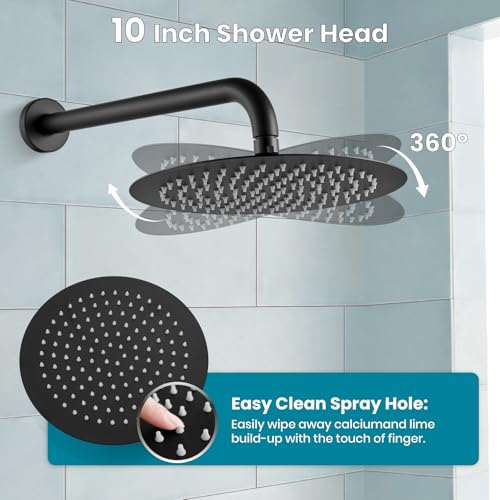 gotonovo High Pressure Shower System Valve and Trim Kit,Matte Black | Round Rain 10 Inch Shower Head with Handheld Faucet Set Complete,Rough In Valve,2-in-1 Diverter,All Metal,Bathroom Wall Mount - color: Black