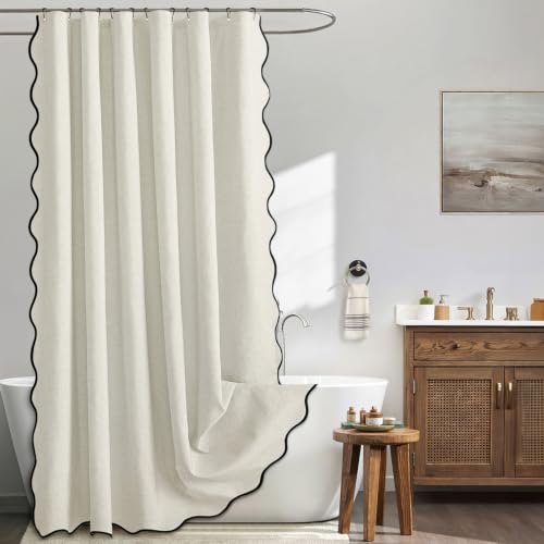 MIULEE Birch Scalloped Linen Shower Curtain 72x72 Inches | Linen Textured, Waterproof, Washable, 12 Metal Hooks, Heavy Duty Cloth, Black Border, Shower Curtain for Bathroom Bathtub - color: Birch, size: 72"W x 72"L (Pack of 1)