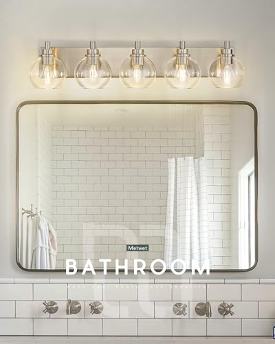 5-Light Brushed Nickel Bathroom Vanity Light, Clear Glass Globes | 32" modern bathroom light fixtures over mirror, E26 base, bulbs not included, VL195-BN-CL-5 - color: Brushed Nickel, Clear Glass, size: 5-light