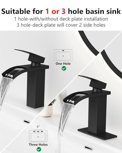 Matte Black Waterfall Bathroom Faucet 1-Handle Vanity Faucet | Stainless Steel Modern Bathroom Sink Faucet,Pop-Up Drain, Supply Lines 6-in Deck Plate, 1- or 3-Hole, NSF Certified - color: Black