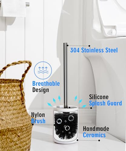 Ceramic Toilet Brush and Holder Set, Toilet Bowl Cleaner Brush | Freestanding Deep-Cleaning, Stainless Steel Handle, Small & Sturdy for Storage, Easy to Clean, Non-Scratching - color: Matt White