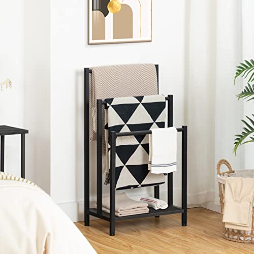 HOOBRO Free Standing Towel Rack, 3 Tier Blanket Rack, Blanket Holder for Bathroom, 16.9" L x 11" W x 31.9" H, Industrial Metal Drying and Display Rack with Shelf, Black BB03LB01 - color: Black + Black, size: 16.9"L x 11"W x 31.9"H