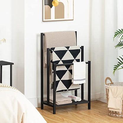 HOOBRO Free Standing Towel Rack, 3 Tier Blanket Rack, Blanket Holder for Bathroom, 16.9" L x 11" W x 31.9" H, Industrial Metal Drying and Display Rack with Shelf, Black BB03LB01 - color: Black + Black, size: 16.9"L x 11"W x 31.9"H