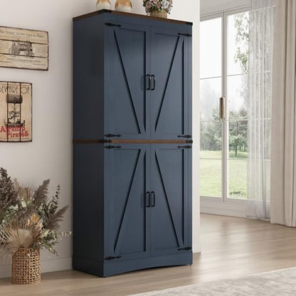 Hlivelood 71" Tall Kitchen Pantry,Farmhouse Storage Cabinet with Adjustable Shelves,Load-Bearing Steel Pipe,Farmhouse Pantry Cabinet with 4 Barn Doors,for Kitchen,Dining Room,Living Room(Blue) - color: Blue