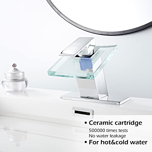 Bathroom Waterfall Sink Faucet Chrome LED Glass Spout with Drain Stopper | Single Handle One Hole Modern Design Basin Faucet 3 Color Changing Battery Powered Lavatory Vanity Sink Deck Mount - color: Chrome, style: LED with Drain